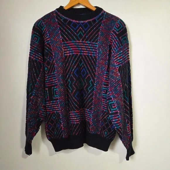 VINTAGE MULTICOLOR GEOMETRIC PATTERN CREW NECK PULLOVER SWEATER MEDIUM - Picture 2 of 13